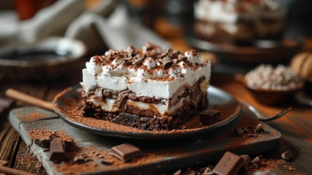 Hot chocolate lasagna, no-bake layered dessert.